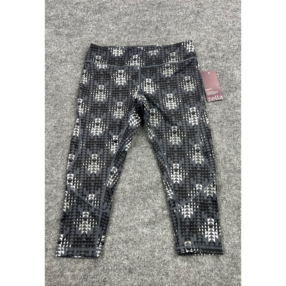 Zella Live-In Slim Fit Zeltek Geometric Print Leggings Black Gray Large NWT